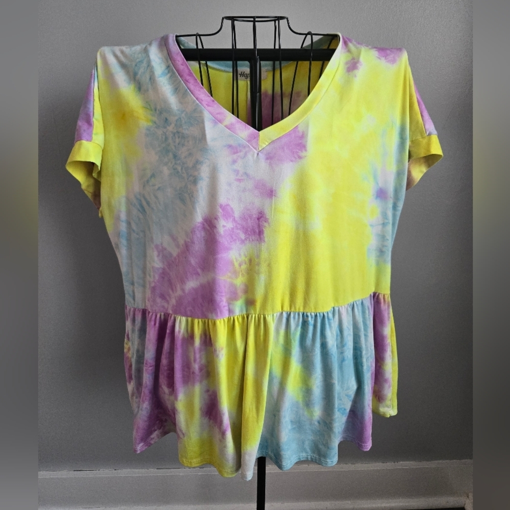 (3/$25) Haptics Vibrant Tie-Dye Babydoll Top | Spring Easter V-Neck Size 2X